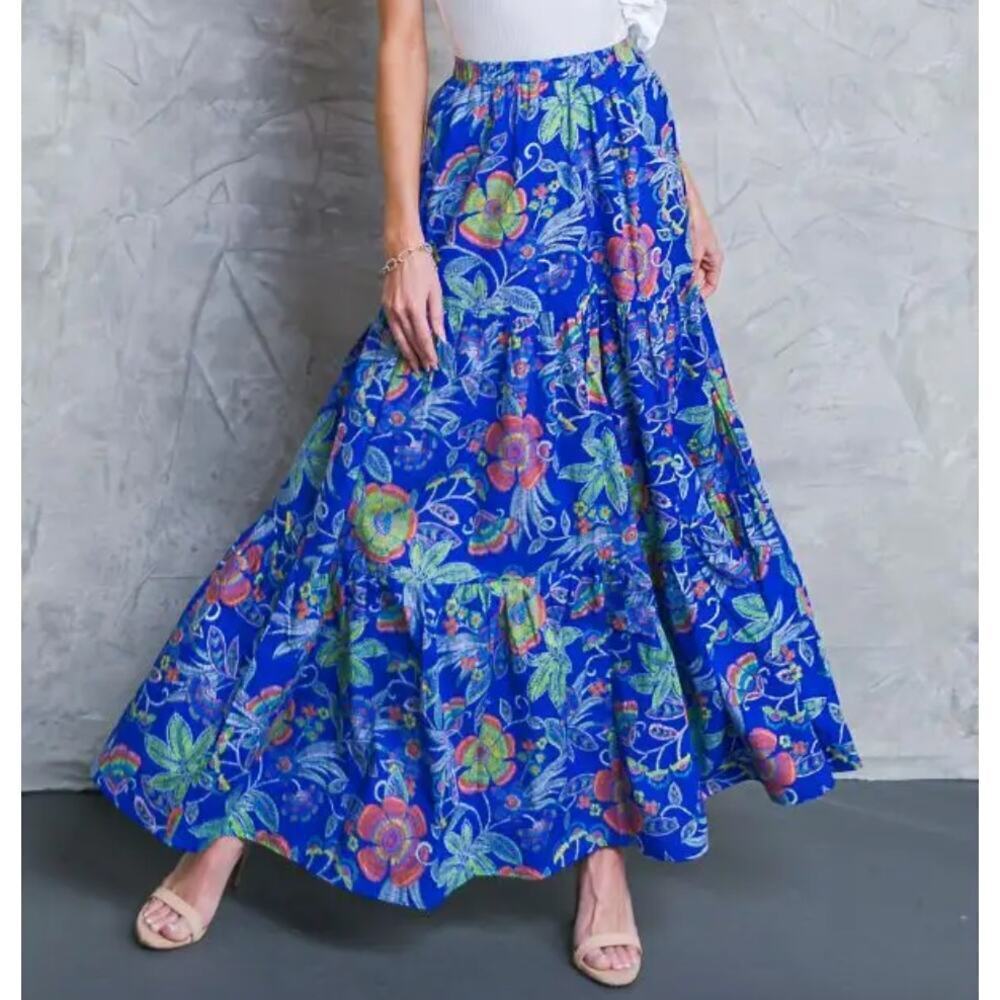 Flying Tomato Blue Floral Tiered Maxi Skirt Vacation Tropical Beach sz S Boho